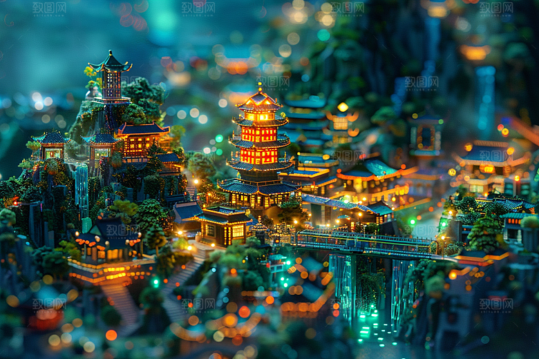 国潮光效建筑3D时尚模型