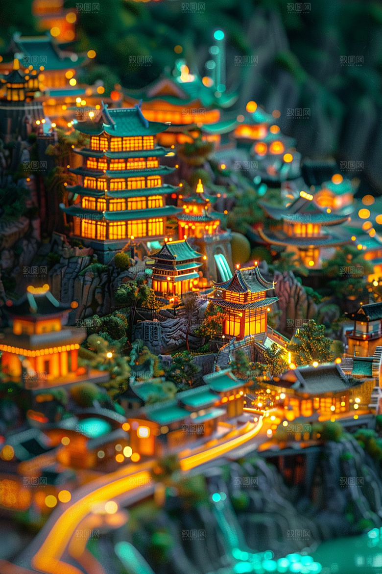 国潮光效建筑潮流梦幻模型