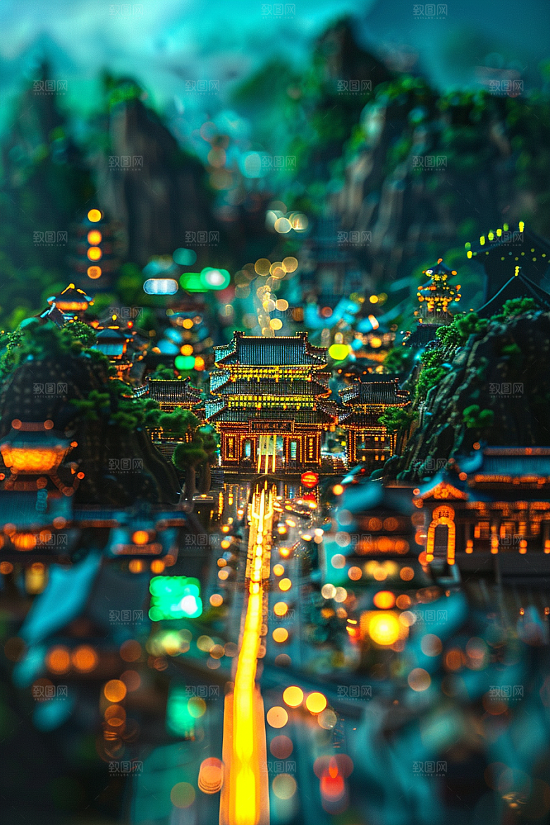 国潮光效建筑梦幻赛博朋克模型