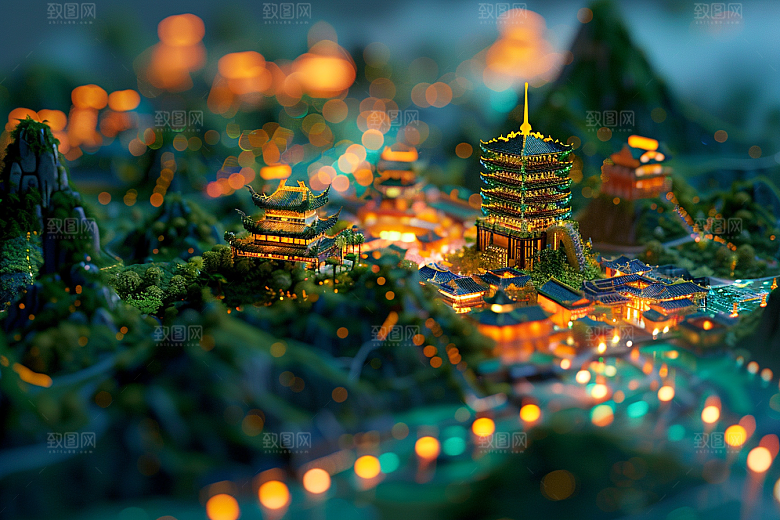 国潮光效建筑梦幻中国风模型