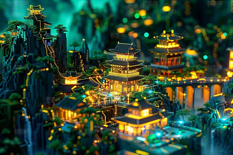 国潮光效建筑3D超现实模型