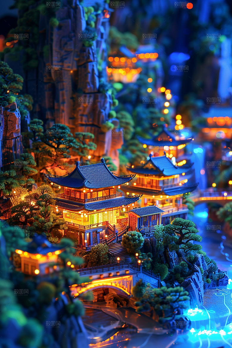 国潮光效建筑幻想风传统模型