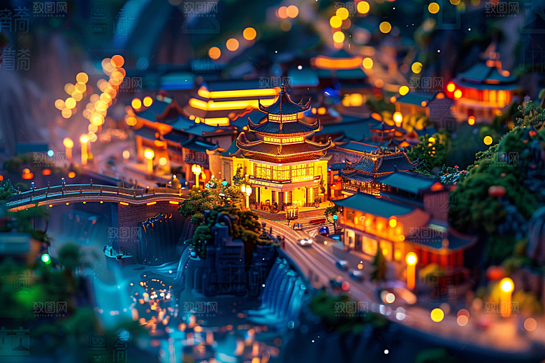 国潮光效建筑超现实梦幻模型