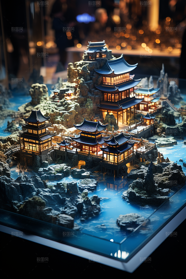 国潮光效建筑质感超现实模型