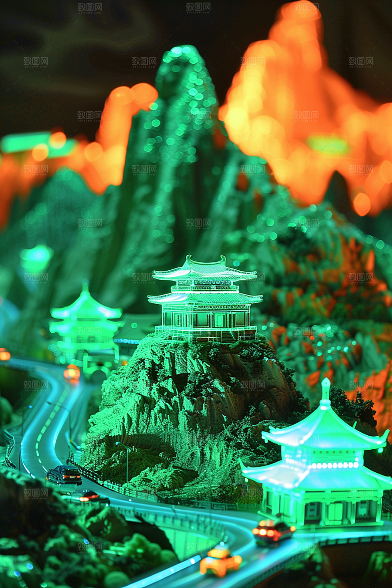 国潮光效建筑高清3D模型