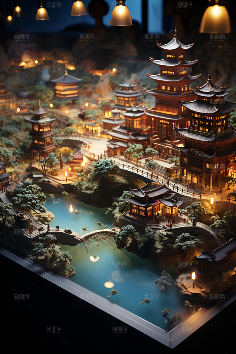 国潮光效建筑潮流梦幻模型