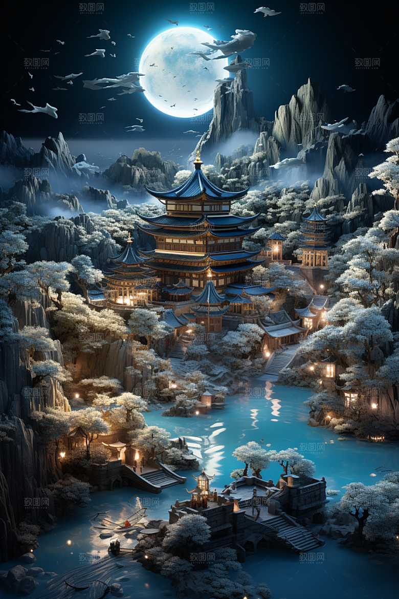 国潮光效建筑微距幻想风模型