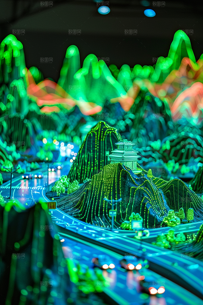 国潮光效建筑山水幻想风模型
