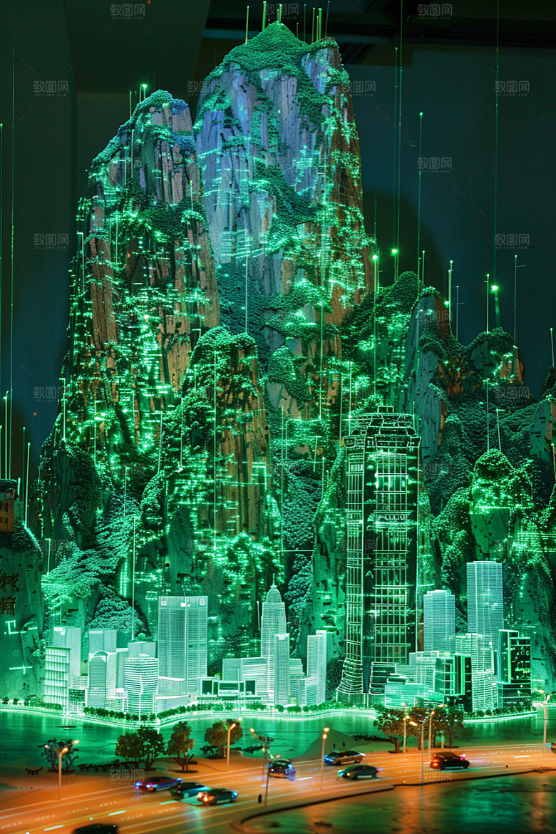 国潮光效建筑3D赛博朋克模型