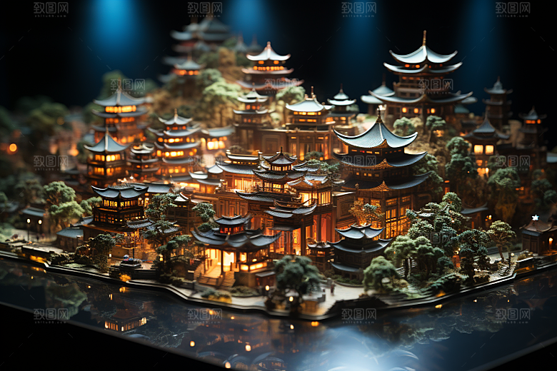 国潮光效建筑中国风潮流模型