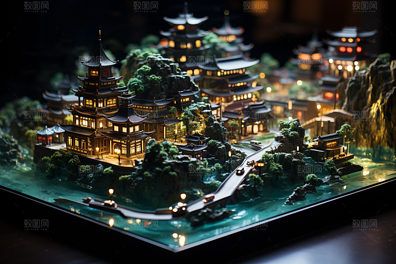 国潮光效建筑3D中国风模型