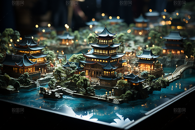 国潮光效建筑幻想风时尚模型