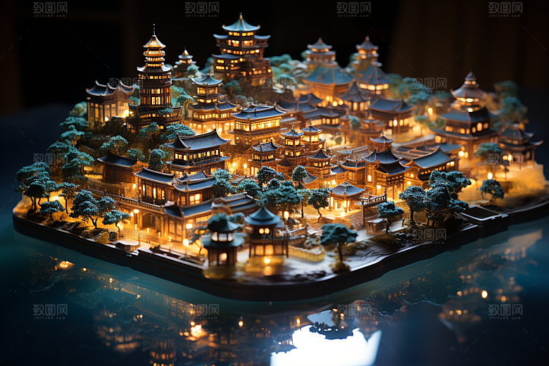国潮光效建筑3D微距模型