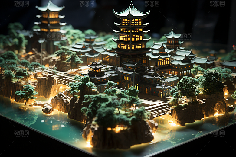 国潮光效建筑潮流超现实模型