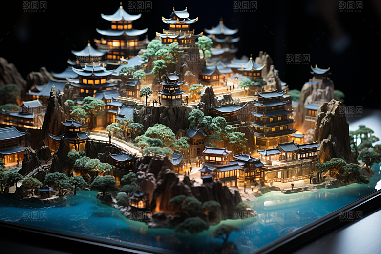 国潮光效建筑超现实立体模型