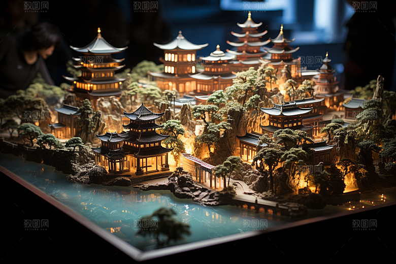 国潮光效建筑中国风潮流模型
