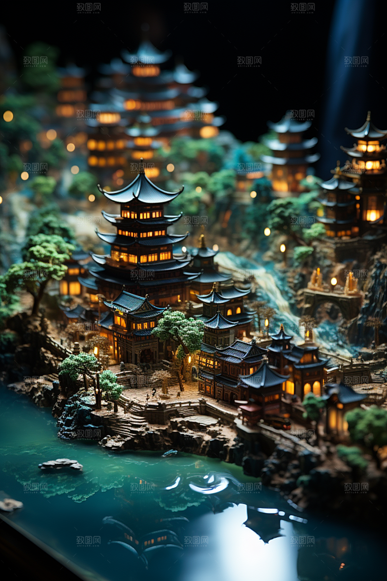 国潮光效建筑时尚微距模型
