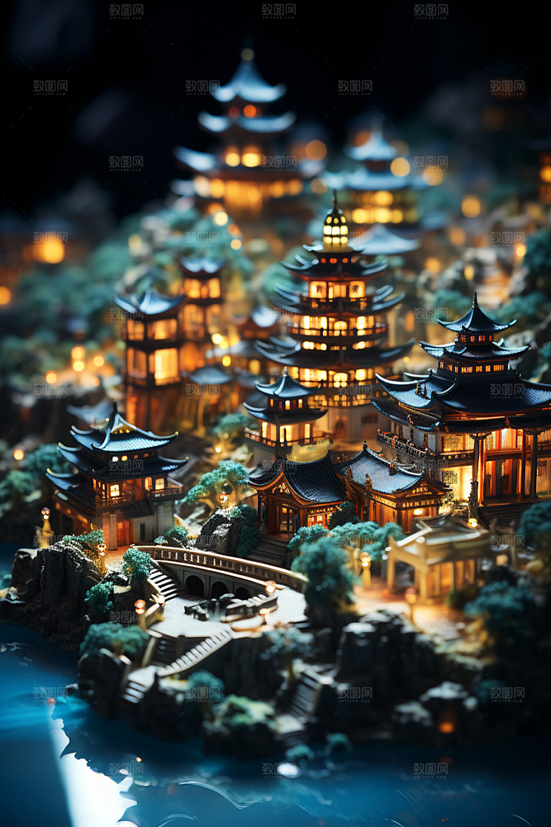 国潮光效建筑幻想风梦幻模型