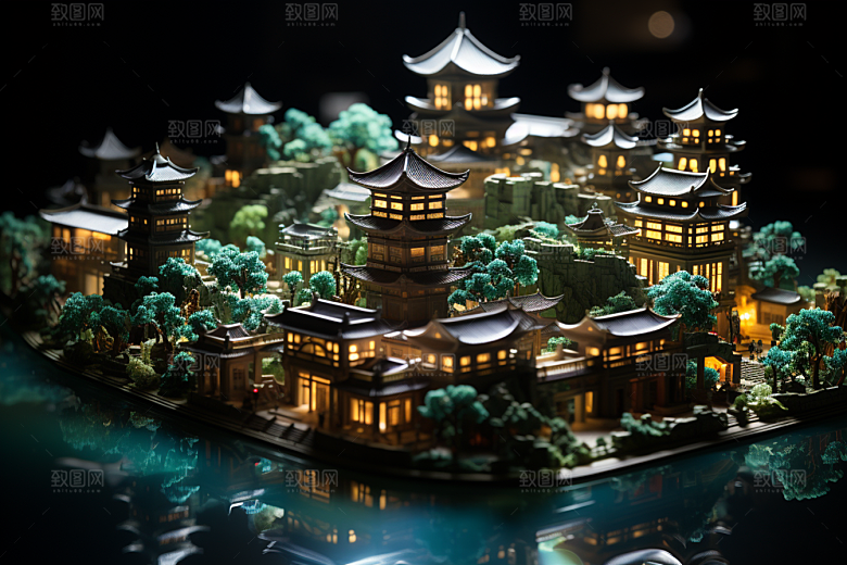 国潮光效建筑中国风潮流模型