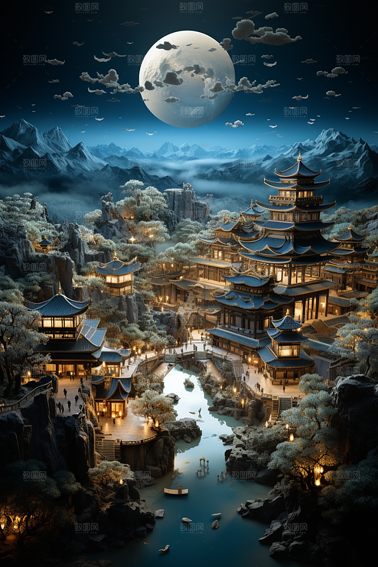 国潮光效建筑幻想风时尚模型