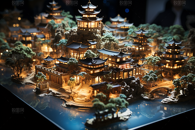 国潮光效建筑幻想风传统模型