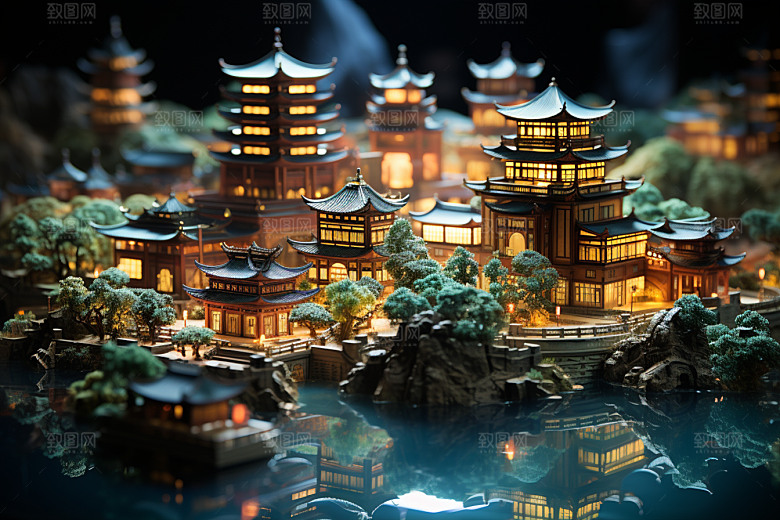 国潮光效建筑3D中国风模型