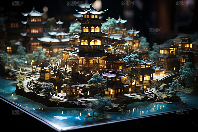 国潮光效建筑3D潮流模型