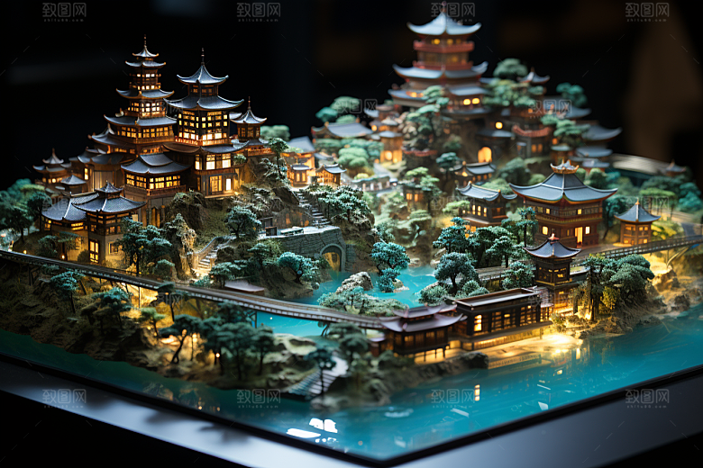 国潮光效建筑中国风传统模型