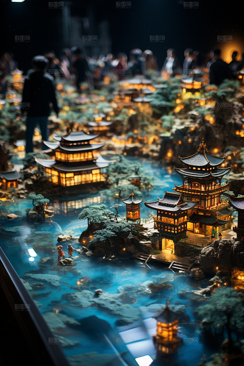 国潮光效建筑山水梦幻模型