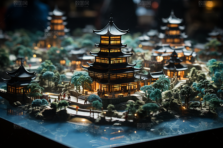 国潮光效建筑梦幻立体模型
