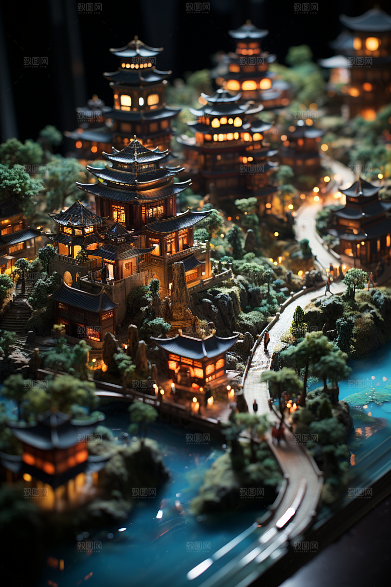 国潮光效建筑传统3D模型