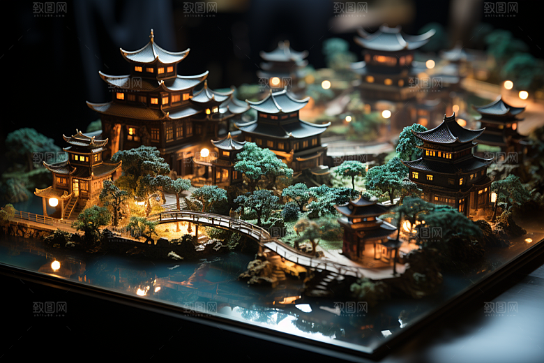 国潮光效建筑山水传统模型