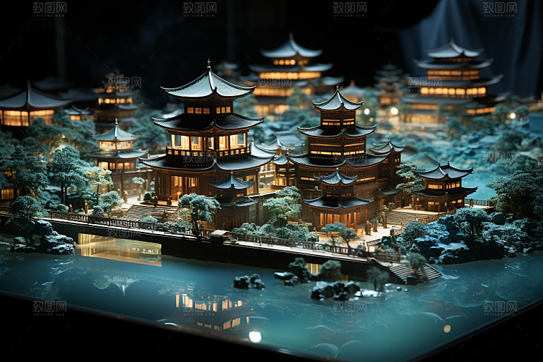 国潮光效建筑时尚中国风模型