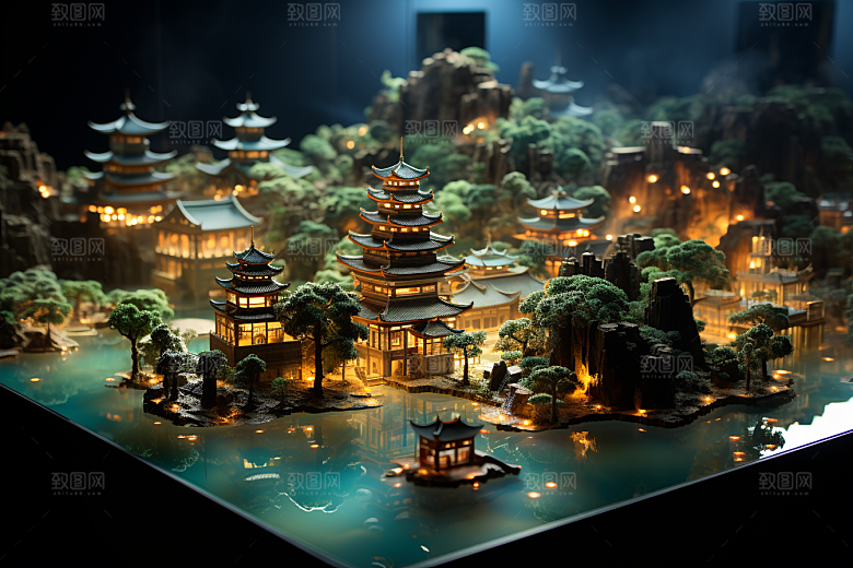 国潮光效建筑中国风梦幻模型