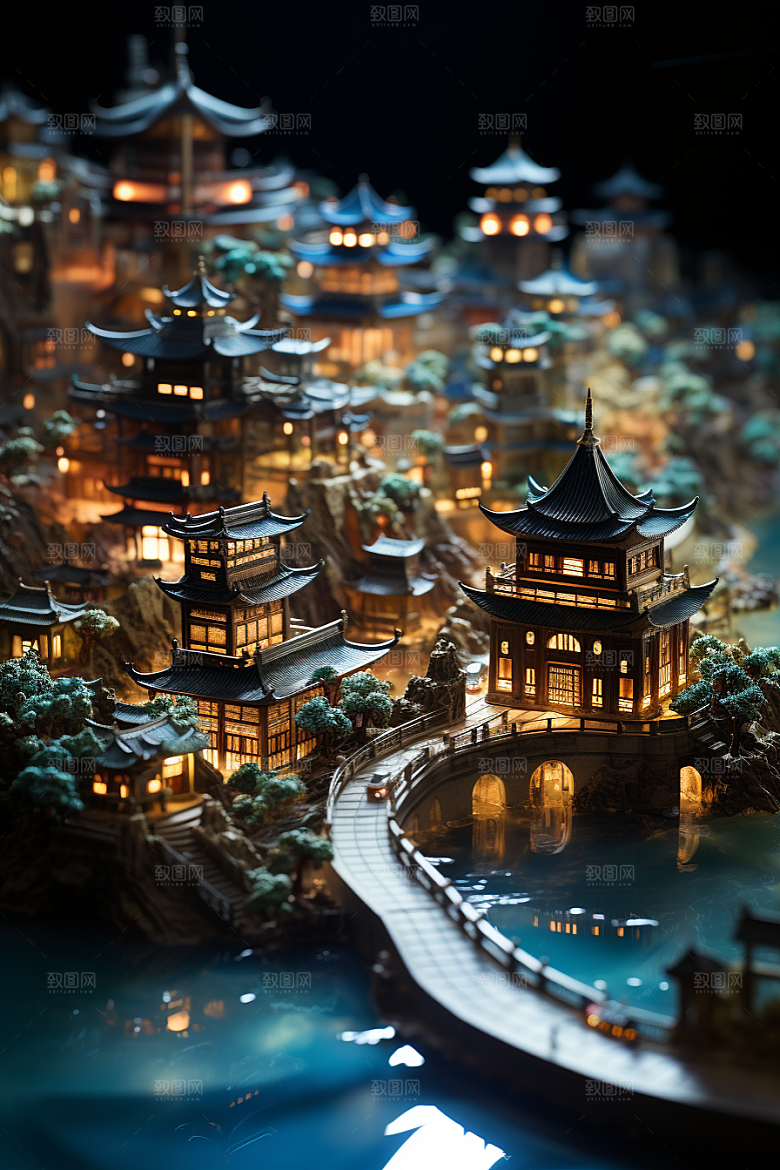 国潮光效建筑中国风传统模型