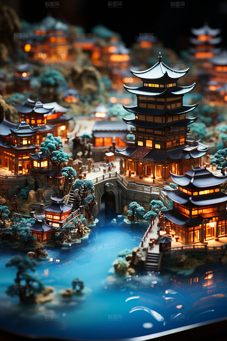 国潮光效建筑梦幻中国风模型