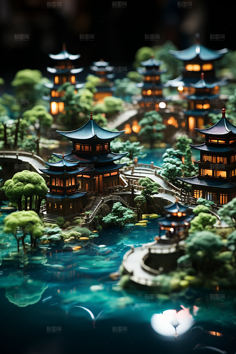 国潮光效建筑幻想风梦幻模型