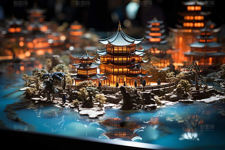 国潮光效建筑中国风传统模型