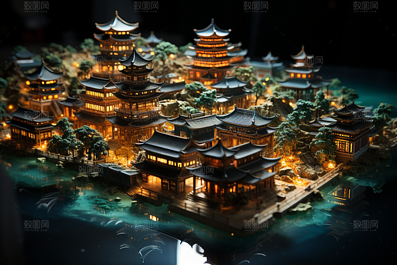 国潮光效建筑时尚超现实模型
