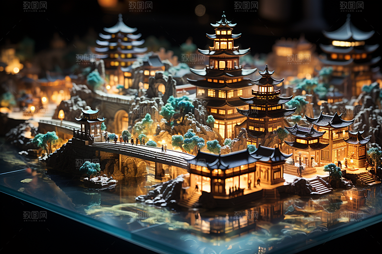 国潮光效建筑3D立体模型