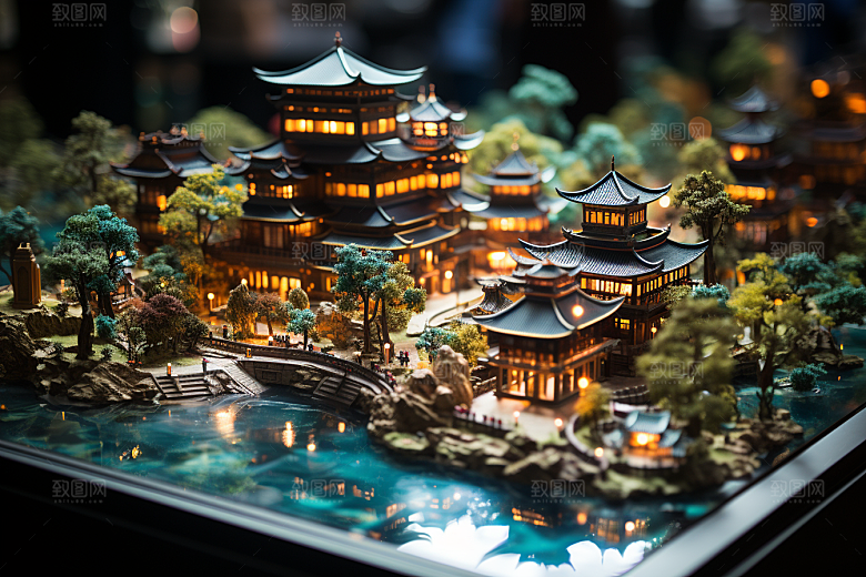 国潮光效建筑立体梦幻模型