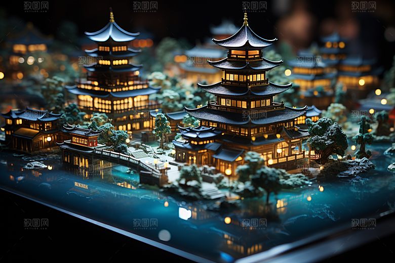 国潮光效建筑超现实潮流模型