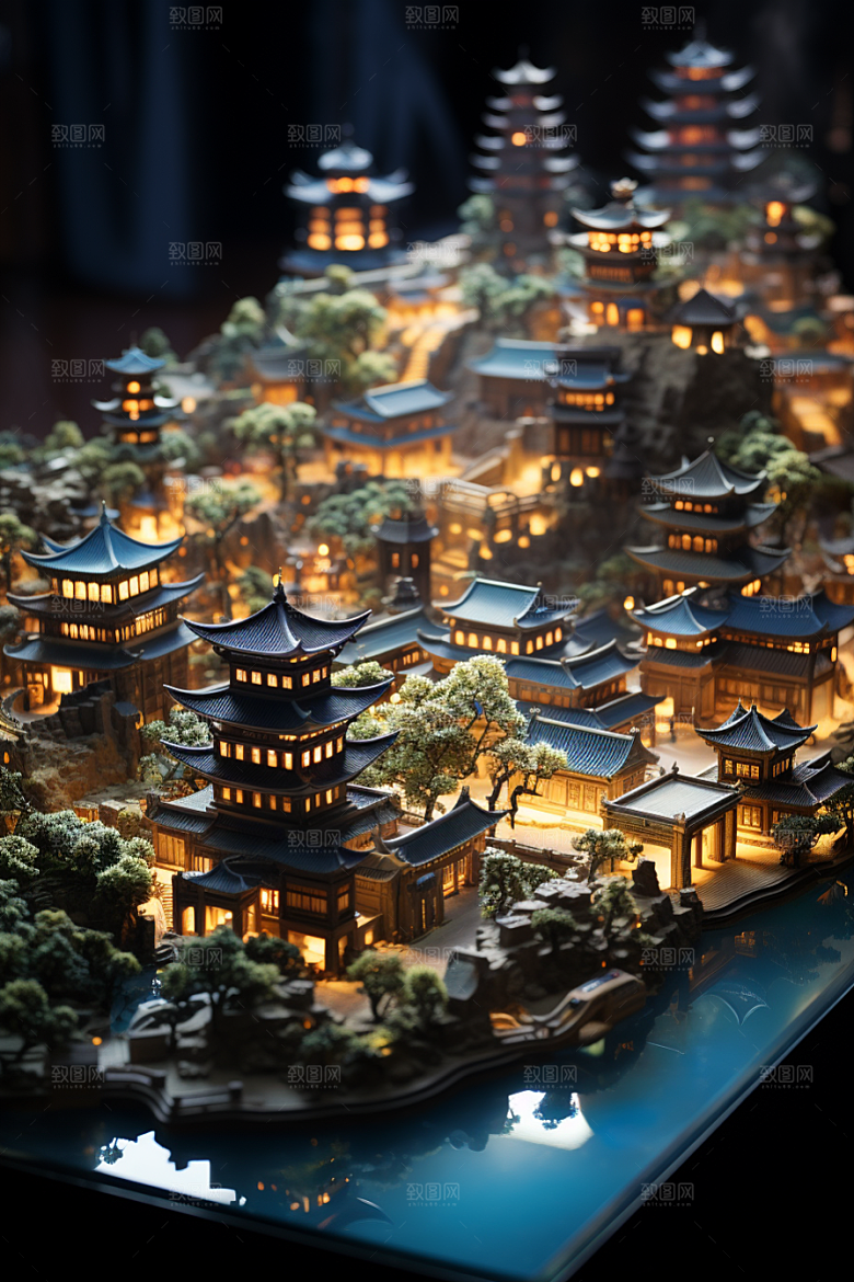 国潮光效建筑3D质感模型