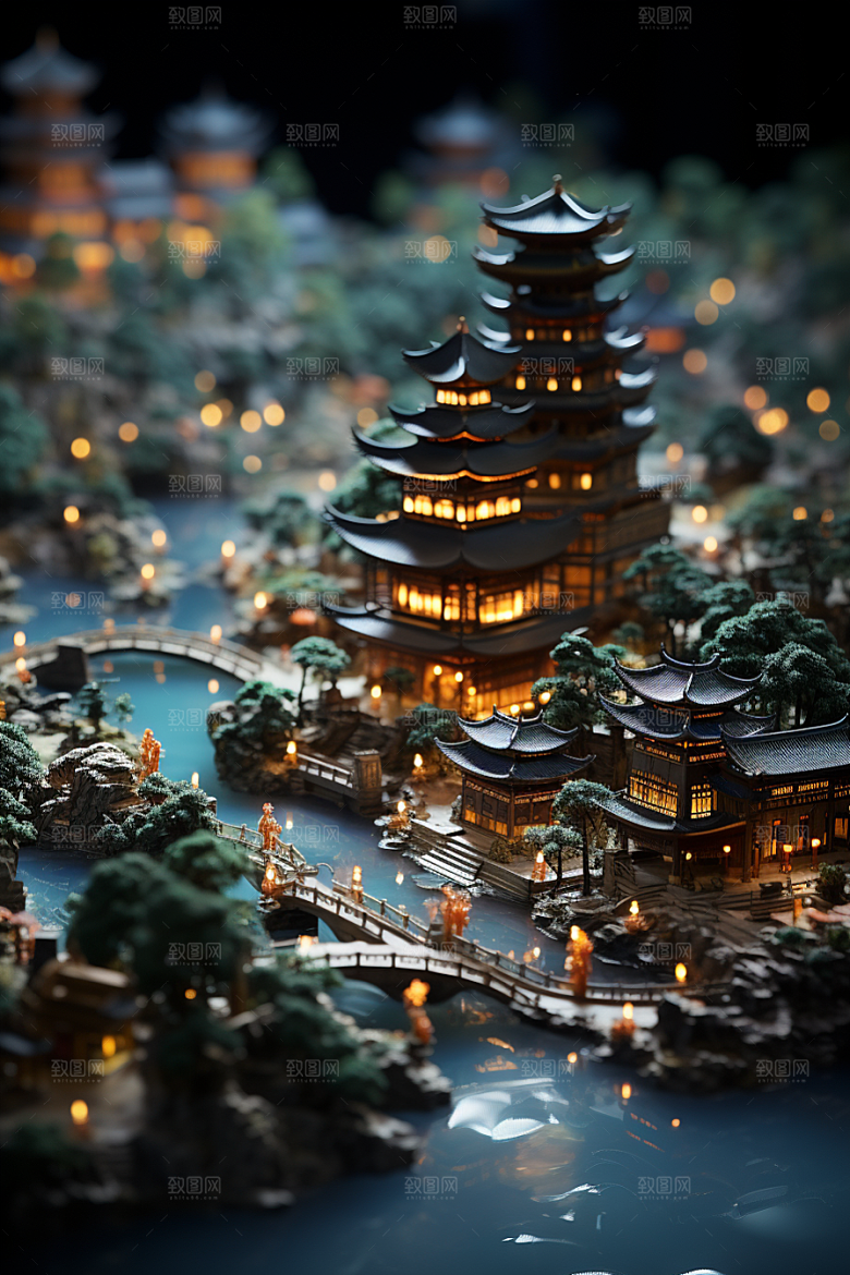 国潮光效建筑幻想风山水模型