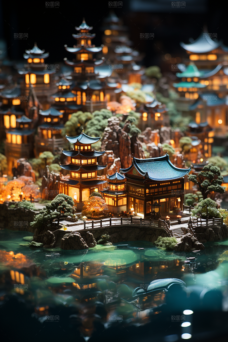 国潮光效建筑潮流梦幻模型