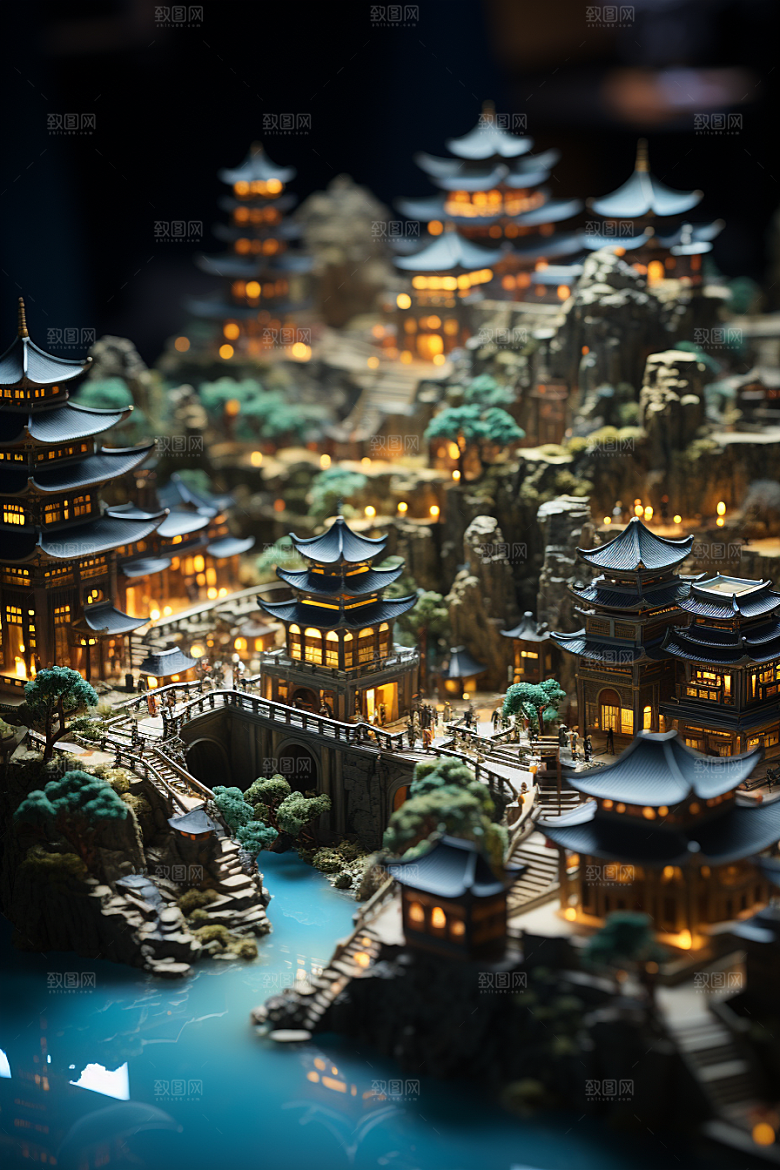 国潮光效建筑时尚中国风模型