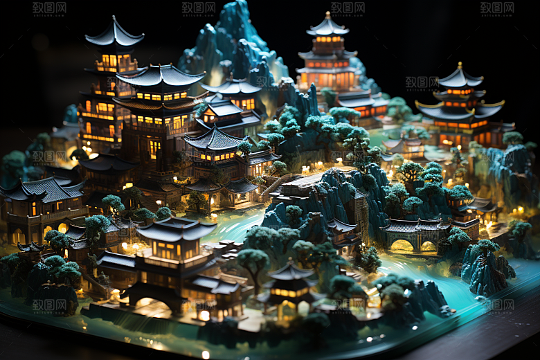 国潮光效建筑潮流梦幻模型