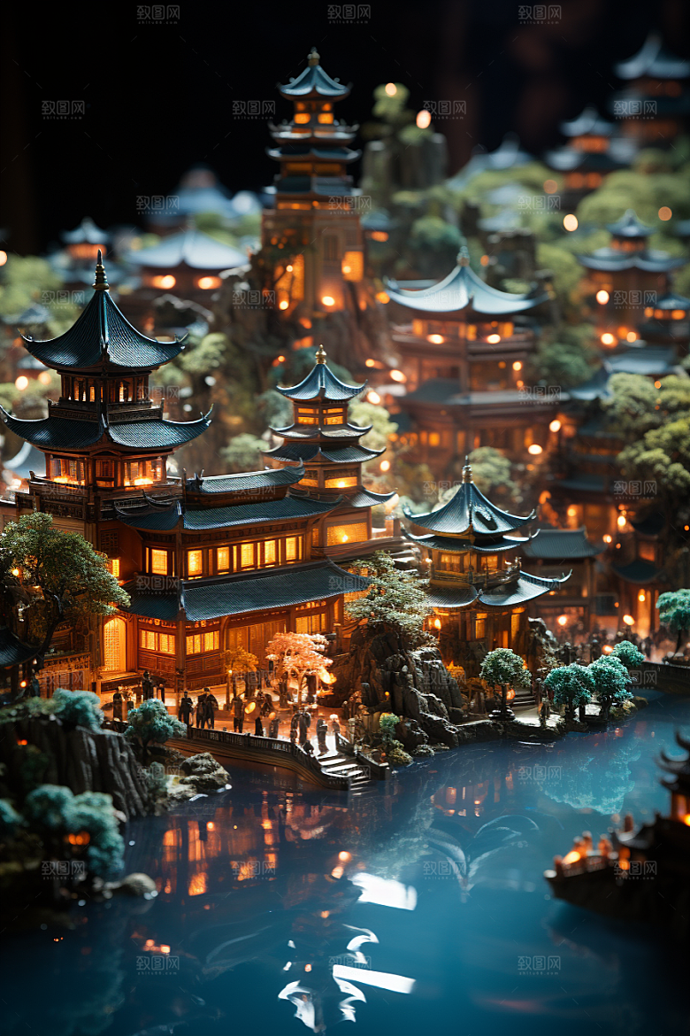 国潮光效建筑幻想风梦幻模型