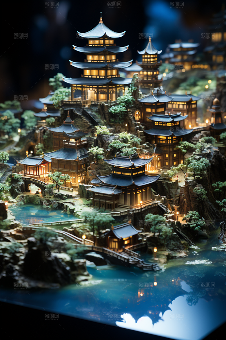 国潮光效建筑赛博朋克幻想风模型