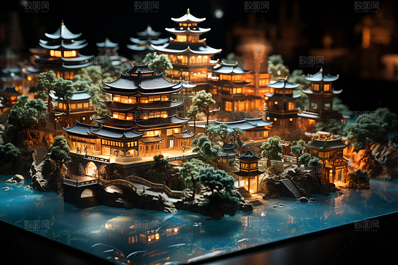 国潮光效建筑微距梦幻模型